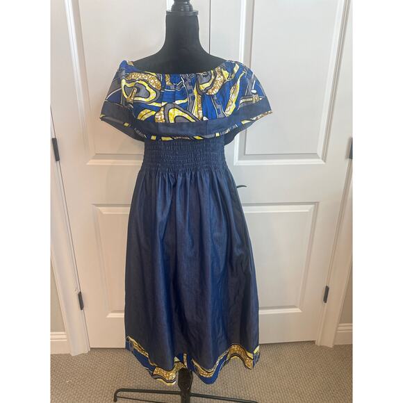 Marine Imports Inc. Chambray Dress Abstract Off Shoulder Ruffle Overlay and Hem - Picture 2 of 8